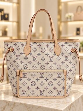 Cream Multicolor Monogram Tote with Leather Trim